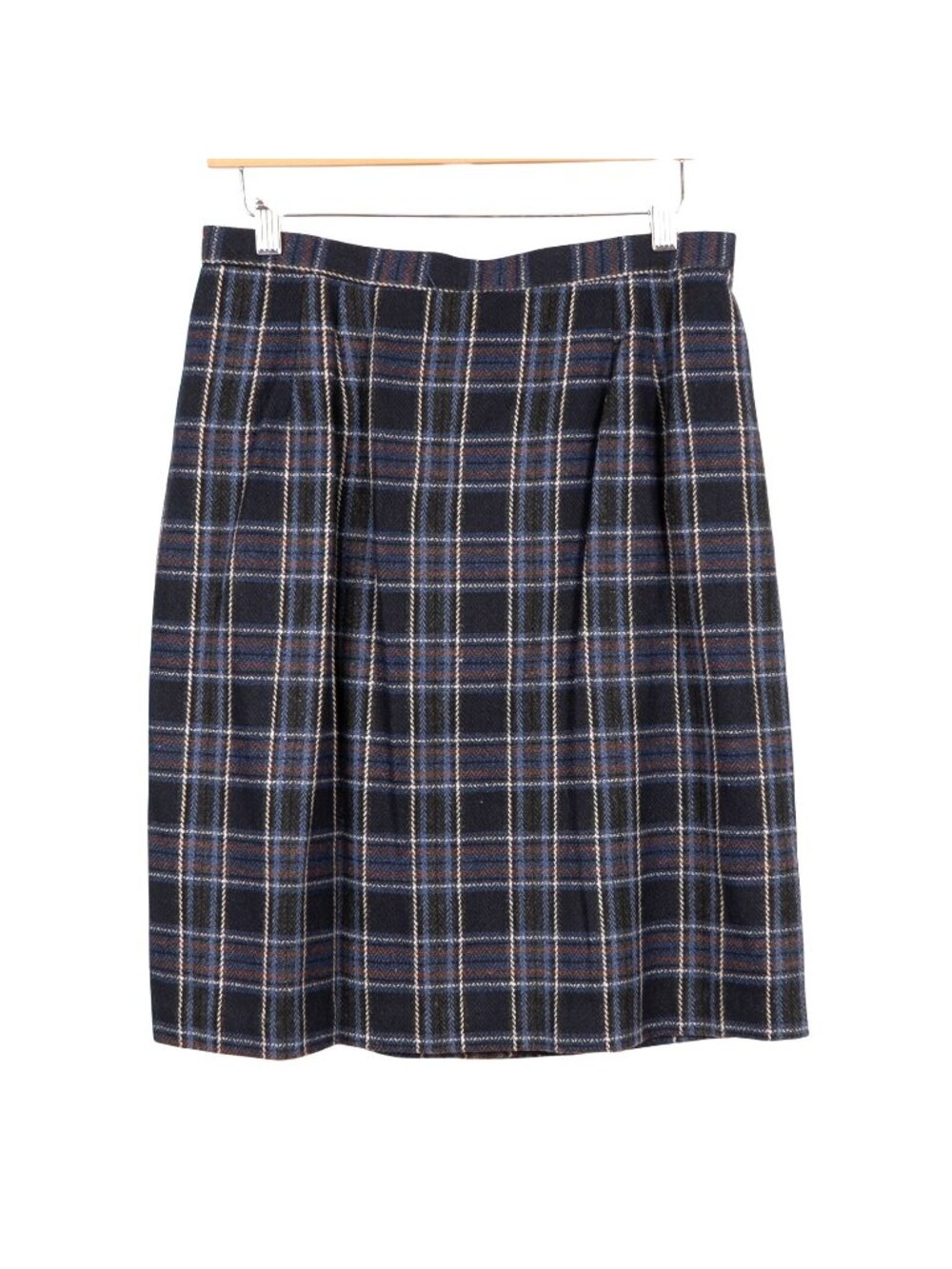 Plaid Wool Skirt 14 Womens Preppy Schoolgirl Y2K Blue Brown 90s Look Winter Knee